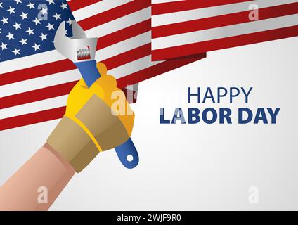Tenere una chiave inglese sulla bandiera USA, per il poster del Labor Day o il modello di biglietto d'auguri, illustrazione vettoriale Illustrazione Vettoriale