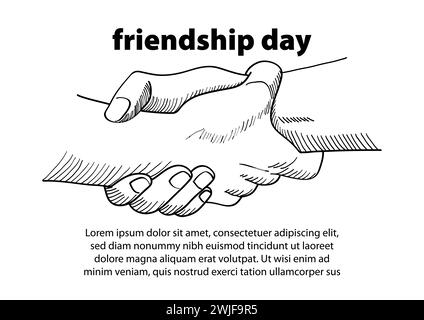 Semplice line art di due mani che si tengono saldamente l'una con l'altra, giorno dell'amicizia, illustrazione vettoriale Illustrazione Vettoriale