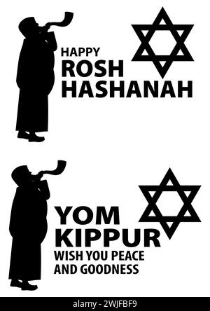 Icona della silhouette di un uomo ebreo che soffia il corno di RAM Shofar su Rosh Hashanah e Yom Kippur, illustrazione vettoriale Illustrazione Vettoriale