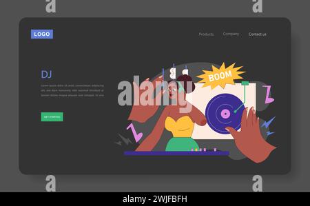 DJ dinamico su Party Web o Landing. Cattura l'atmosfera energetica di un DJ set dal vivo. Musica e intrattenimento al suo apice. Le vibrazioni della pista da ballo prendono vita. Illustrazione vettoriale piatta Illustrazione Vettoriale