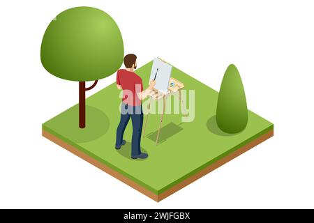 Uomo isometrico che dipinge paesaggi di montagna con cavalletto. Concetto di pittura, disegno e grafica. Arte, creatività, hobby, lavoro e occupazione creativa Illustrazione Vettoriale