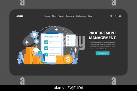 Gestione degli approvvigionamenti Web o landing page in modalità notte o buia. Visione dettagliata dell'approvvigionamento strategico e della gestione dei costi nel processo di approvvigionamento. Illustrazione vettoriale piatta. Illustrazione Vettoriale