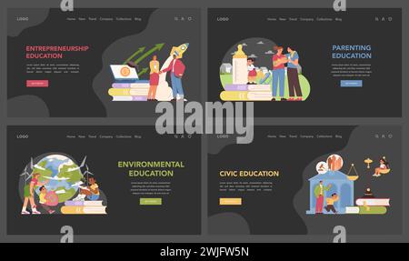 Set di temi educativi. Persone di varie età e razze studiano. L'educazione ambientale, culturale e civica come componenti chiave dell'apprendimento permanente e della consapevolezza globale. Illustrazione vettoriale piatta Illustrazione Vettoriale