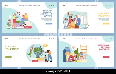 Set didattico specializzato. Persone diverse che attraversano fasi di apprendimento lungo tutto l'arco della vita, tra cui ricerca, extracurriculari, tirocini e vari temi educativi. Illustrazione vettoriale piatta Illustrazione Vettoriale