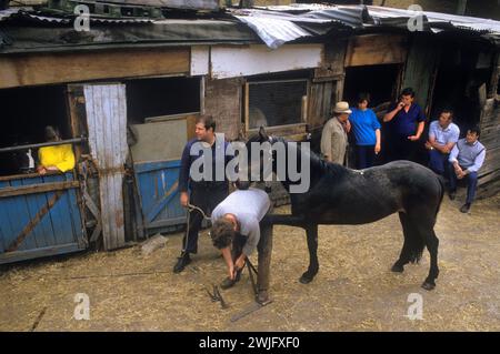 Scarpe Farrier per cavalli UK 1980S.. Johnny Pinto's Horse Yard un Yard di East London dove gli uomini di ossa e stracci tengono i loro cavalli. 1989 Inghilterra HOMER SYKES Foto Stock