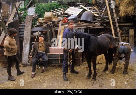 Hackney, Londra anni '1980 Regno Unito. Il cortile di cavalli di Johnny Pinto, sede di uomini di stracci e ossa locali. Sta discutendo un po' di affari con un cliente, mentre un fattorino mobile indossa un cavallo da uomo assottigliante 1989. Inghilterra, HOMER SYKES. Foto Stock
