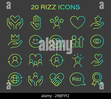 Set di icone Rizz. Icone minimaliste che rappresentano vari aspetti dell'interazione sociale e della crescita personale. Simboli di cura, successo e visione. Illustrazione vettoriale. Illustrazione Vettoriale