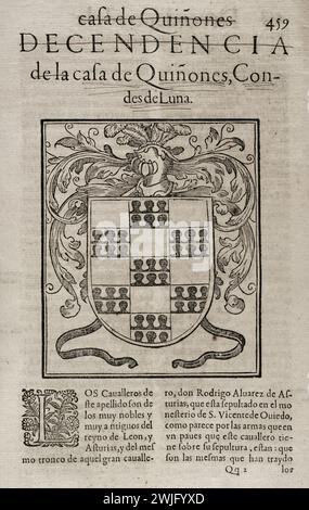 "Chronica del clito Emperador de España, Don Alonso VII deste nombre Rey de Castilla y Leon, hijo de Don Ramon de Borgoña, y de Doña Hurraca, Reyna propietaria de Castilla" (Cronaca dell'illustre imperatore di Spagna, Don Alonso VII di questo nome re di Castiglia e León, figlio di Don Ramon di Borgogna e di Doña Urraca, regina proprietaria di Castiglia). Casa di Quiñones. Discendenti del Casato di Quiñones, conti di Luna. Di Prudencio de Sandoval (ca. 1552-1620). Pubblicato da Luis Sanchez a Madrid, 1600. Foto Stock