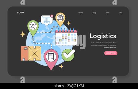 Rete logistica globale. Gestione coordinata dei trasporti aerei, terrestri e marittimi, con pianificazione del calendario per consegne tempestive. Connettività della catena di fornitura in tutto il mondo. Illustrazione vettoriale piatta Illustrazione Vettoriale