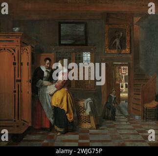 Interni con Donne accanto a un Cupboard in lino, Pieter de Hooch, 1663 Foto Stock