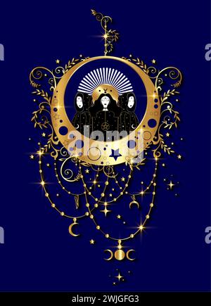 Mistica dea tripla, sacerdotesse sulla magica luna crescente. Bellissime fate celestiali in stile boho dorato. Gotico wiccan femmina sacra Illustrazione Vettoriale