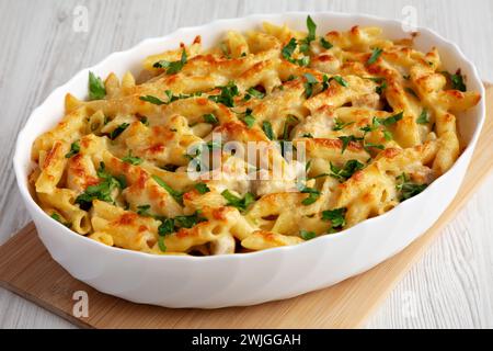 Pollo al formaggio fatto in casa, cottura con pasta all'Alfredo in piatto, vista laterale. Foto Stock