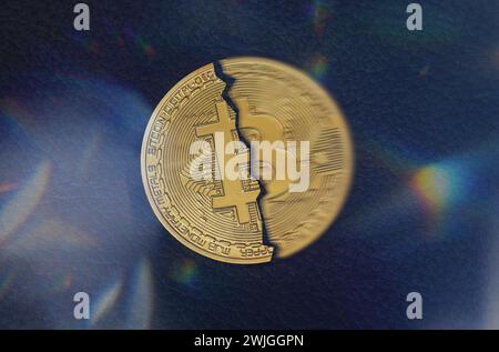 Halbierte Bitcoin Münze auf schwarzem Untergrund. Symboldfoto für das Bitcoin dimezzare *** ha dimezzato la moneta Bitcoin su sfondo nero. Foto simbolo per Bitcoin Halving Deutschland, Germania GMS10437 4 Foto Stock
