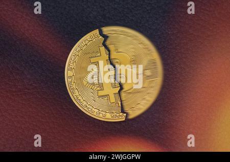 Halbierte Bitcoin Münze auf schwarzem Untergrund. Symboldfoto für das Bitcoin dimezzare *** ha dimezzato la moneta Bitcoin su sfondo nero. Foto simbolo per Bitcoin Halving Deutschland, Germania GMS10437 3 Foto Stock