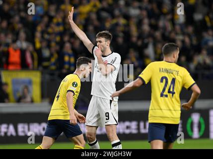 Anderlecht, Belgio. 15 febbraio 2024. Calcio, UEFA Europa Conference League, Royale Union Saint-Gilloise - Eintracht Francoforte, KO, round intermedio, andata al lotto Park. Sasa Kalajdzic di Francoforte. Crediti: Federico Gambarini/dpa/Alamy Live News Foto Stock