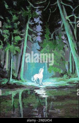 Un unicorno bianco si trova accanto all'acqua nel mezzo di una foresta scura, con la luce che la diffonde. Immagine dipinta a mano con pitture, olio su tela Foto Stock