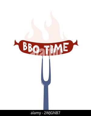 Salsiccia su una forchetta, scritta barbecue. Salsiccia alla griglia. Modello di poster per l'invito a una festa. Illustrazione vettoriale Illustrazione Vettoriale