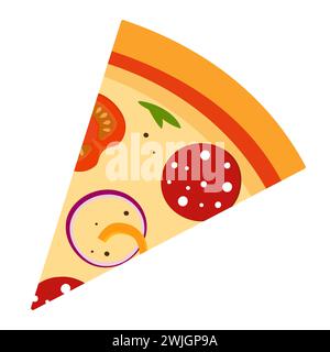 Pizza fresca a pezzetto triangolare. Pizza con pomodoro, formaggio, olive, salsiccia, cipolla, basilio. Fast food italiano tradizionale. Pasto con vista dall'alto. Illustrati vettoriali Illustrazione Vettoriale