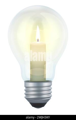 Lampadina con una candela accesa all'interno. Guasti elettrici, guasti e interruzioni, concetto. Rendering 3D isolato su sfondo bianco Foto Stock