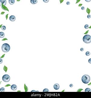 cornice quadrata chiara con foglie di mirtillo. l'illustrazione ad acquerello è isolata su uno sfondo bianco. per la progettazione di poster, cartoline, inviti Foto Stock
