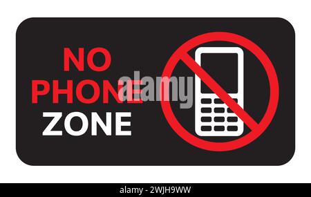 Nessun segnale di avvertenza zona telefonica. Illustrazione con testo: NESSUNA ZONA TELEFONICA. Simbolo nero che proibisce l'uso del telefono. Icona vettoriale per le restrizioni mobili Illustrazione Vettoriale