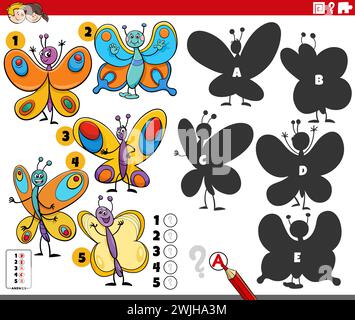 Illustrazione di cartoni animati che mostra come trovare le ombre giuste per le immagini attività educative con i personaggi delle farfalle Illustrazione Vettoriale