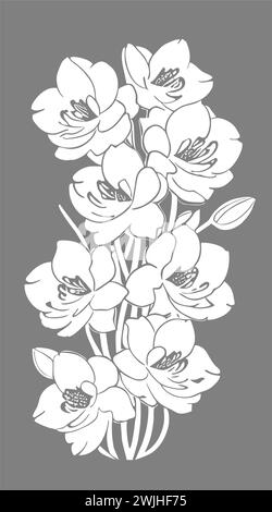 disegno lineare grafico bianco del fiore di orchidea su sfondo grigio, design Foto Stock