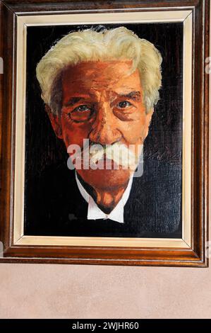 Pittura, ritratto di Albert SchweitzerMuseum e luogo di nascita di Albert Schweitzer a Kaysersberg, Alsazia, Francia Foto Stock