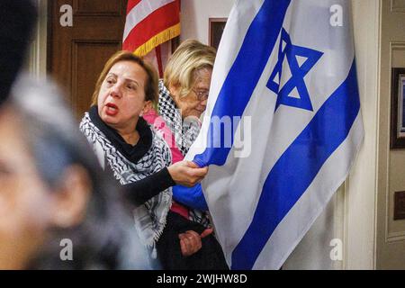 Un manifestante pro-palestinese afferra una bandiera israeliana fuori dagli uffici del rappresentante degli Stati Uniti Mike Lawler (repubblicano di New York) nel Longworth House Office Building a Washington DC, giovedì 15 febbraio 2024. Crediti: Aaron Schwartz/CNP/MediaPunch Foto Stock