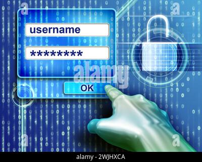 Mano cibernetica che inserisce nome utente e password. Illustrazione digitale. Foto Stock