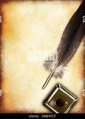 Penna Quill e carta d'epoca, copyspace sulla sinistra. Illustrazione digitale. Foto Stock
