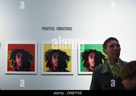 Londra, Regno Unito, 15/02/2024,apertura ricevimento di Bob Marley – Portraits of the King di Dennis Morris. La mostra si trova presso la Stephen Friedman Gallery, 28 Old Burlington Street, Londra, dal 16 febbraio al 7 marzo. Lo spettacolo mostrerà una selezione curata di 26 ritratti, alcuni mai visti prima. Dennis Morris ha partecipato all'apertura che è stata anche un lancio di libri per "Portraits of the King". Foto Stock