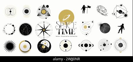 Una collezione di oggetti e disegni astrologici e astronomici mistici per la navigazione spaziale. Illustrazione vettoriale Illustrazione Vettoriale