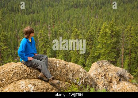 Escursionista con vista lungo la scia Butte Trail, Deschutes National Forest, Oregon Foto Stock