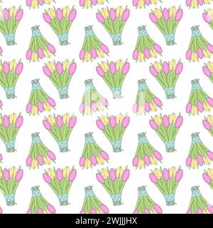Motivo senza cuciture di tulipani astratti mazzi con fiori rosa e gialli in carta colorata. Isolare. EPS. Sfondo vettoriale per sfondo o poster Web, banner, brochure, promozioni o schede, etichette Illustrazione Vettoriale