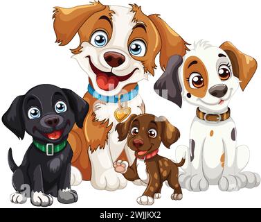 Quattro simpatici cani da cartoni animati che si mettono in posa insieme felicemente. Illustrazione Vettoriale