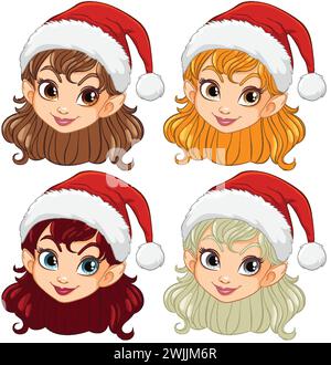 Quattro allegre ragazze cartoni animati che celebrano il Natale. Illustrazione Vettoriale