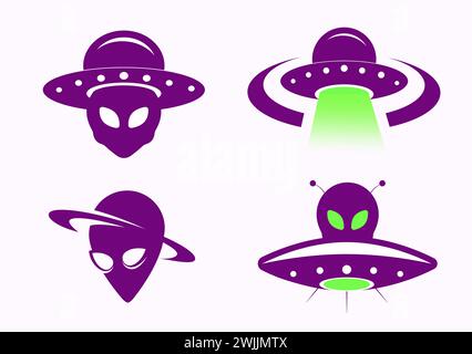 Set di illustrazioni per astronavi aliene, astronavi spaziali e vettori ufo Illustrazione Vettoriale