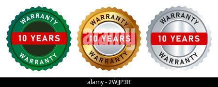 garanzia 10 anni emblema con sigillo circolare color oro verde e argento garanzia prodotto advantage Illustrazione Vettoriale