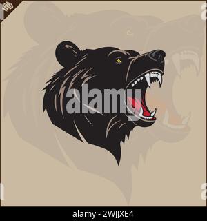 testa di un orso aggressivo, bocca maligna larga, silhouette, vista laterale, guardare in alto, stencil, vettore piatto, sfondo bianco. Logo Game Sport. Illustrazione Vettoriale