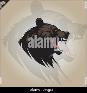 testa di un orso aggressivo, bocca maligna larga, silhouette, vista laterale, guardare in alto, stencil, vettore piatto, sfondo bianco. Logo Game Sport. Illustrazione Vettoriale