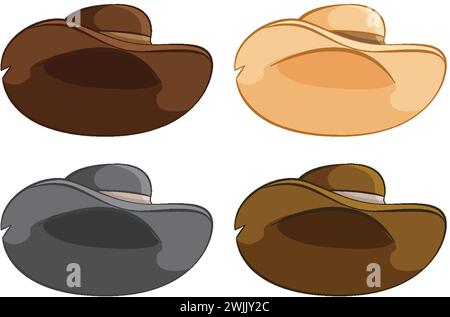 Quattro cappelli da cowboy vettoriali stilizzati in diversi colori. Illustrazione Vettoriale