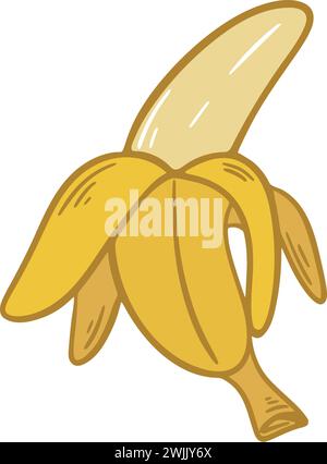 Icona a banana aperta disegnata a mano. Clip art di banana gialla matura. Frutta tropicale, illustrazione vettoriale isolata Illustrazione Vettoriale