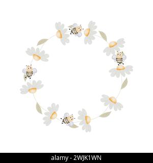 Cornice ad acquerello con api e fiori. Clip art su sfondo bianco isolato con graziosi insetti e margherite. Stile di disegno ingenuo. Per la progettazione Foto Stock