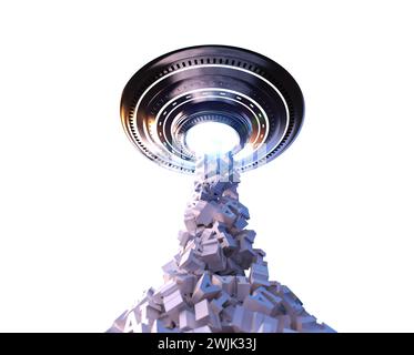 rendering 3d di ufo metallici o astronavi aliene con controllo ai Foto Stock
