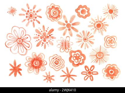 Fiori decorativi di color pesca, isolati su sfondo bianco. Delicata pittura ad acquerello. I fiori sono costituiti da linee, cerchi, punti, linee ondulate Foto Stock