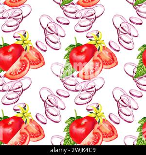 motivo senza cuciture con pomodori freschi, foglie e fiori gialli di pomodori, fette di cipolla e pomodori, acquerello disegnato a mano, illustrazione isolata Foto Stock