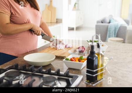 La donna prepara un pasto in una moderna cucina casalinga Foto Stock