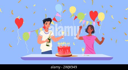 Festa di compleanno con colleghi di ufficio e amici del lavoro. Dare la torta e usare coriandoli. La ragazza felice si siede al tavolo con un partner vicino che si è congratulato per il compleanno. Illustrazione vettoriale Illustrazione Vettoriale