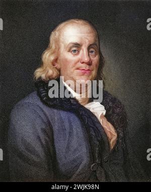 Benjamin Franklin (geb. 17. Gennaio 1706 a Boston; gest. 17. Aprile 1790 a Philadelphia, Pennsylvania) War ein amerikanischer Drucker, Verleger, Schriftsteller, Naturwissenschaftler, Erfinder und Staatsmann, Historisch, digital restaurierte Reproduktion von einer Vorlage aus dem 19. Jahrhundert, data record non dichiarata Foto Stock